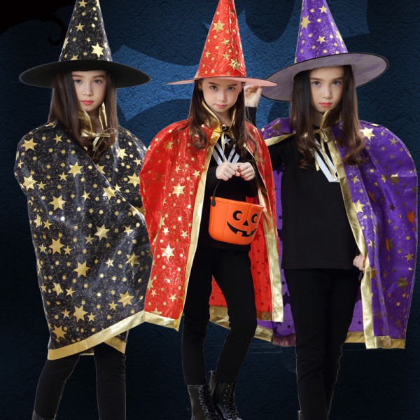 Halloween mantel mantel COSP Barnfest Performance Magician Wizard Hot Gold Fem stjärniga mantel Hat Set black children''s code