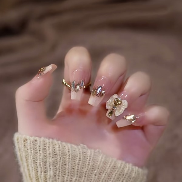 Guld diamant konstgjorda naglar Charmiga bekväma att bära manikyr naglar för fingernagel gör det själv hemma jelly glue model