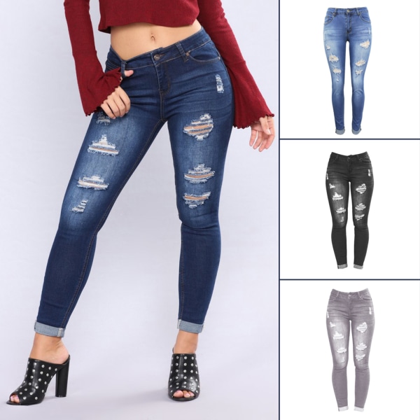 Mode rippade jeansbyxor för kvinnor Mid-midja rumpa lyftande Leggings Bantning Pencil Byxor l gray