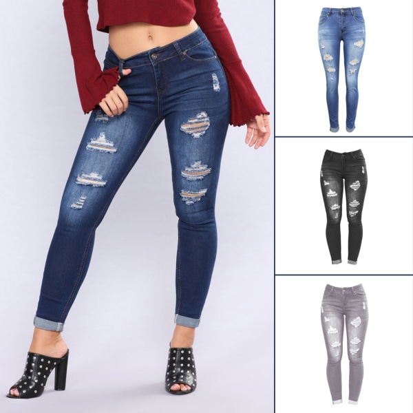 Mode rippade jeansbyxor för kvinnor Mid-midja rumpa lyftande Leggings Bantning Pencil Byxor xxl 6031 blue