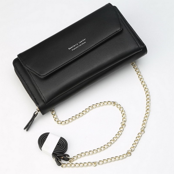 Crossbody plånbok kvinnor PU läder mobiltelefon handväska med metall kedja rem black