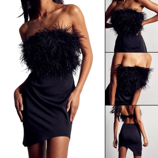 Fluffy-feather axelbandslös rygglös klänning Sexig stilig ärmlös höftkjol för shopping dating black s