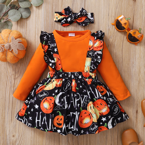 Halloween Ruffle långärmad tröja | Förtjusande Halloween-dräkt för nyfödd flicka | Rufsig långärmad pumpa Print Drop Jumpsuit 90