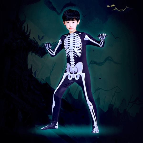 Skeleton Bone Body Halloween kostymer med Skeleton Hood Mask för förälder-barn black 110