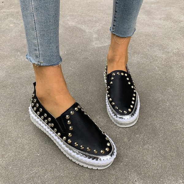 Slip on Studded Pumps Loafers Plimsolls Casual Flat Sneakers Snygga skor black 41