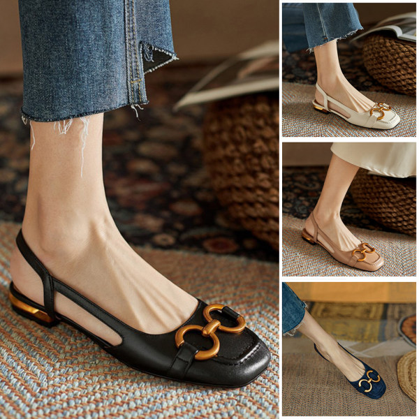 Franska retro sandaler Dressy rund tå sandaler kvinnors sommar platt klack Casual sandaler apricot 36