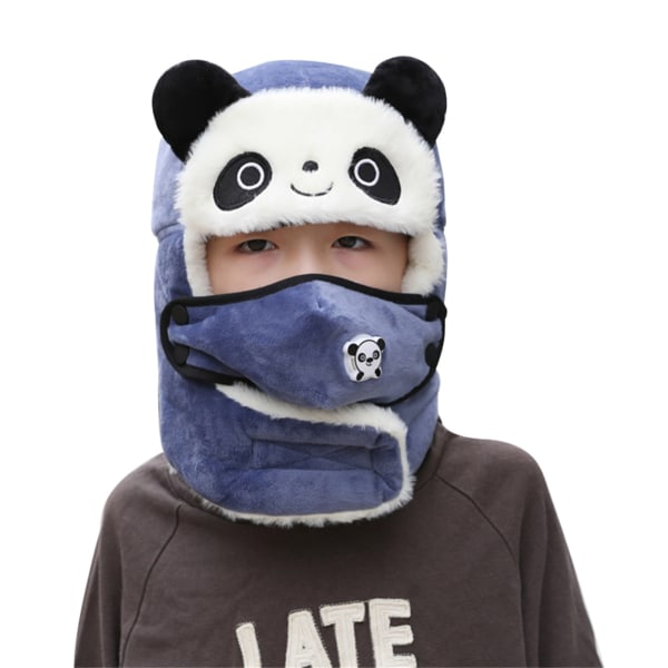 Cute Children's Cap with Face Cover Lei Feng Cap Funny Panda Plush Hat for Kids blue