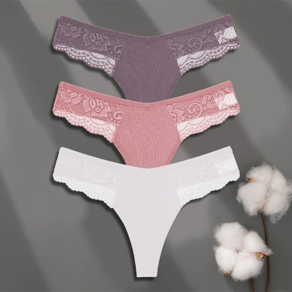 FINETOO 3-pack Dam Trosor i Bomull Spets Tanga Sexiga Enfärgade Låg Midja Bikini Underkläder Damer Andningsbara G-string Underkläder SET 5 XL