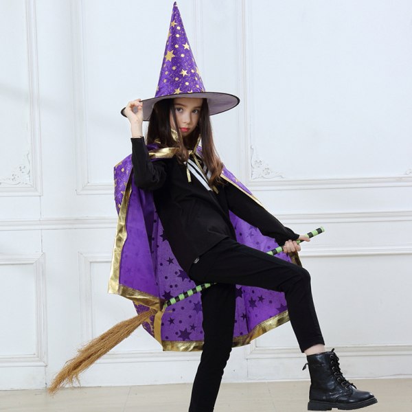 Halloween mantel mantel COSP Barnfest Performance Magician Wizard Hot Gold Fem stjärniga mantel Hat Set black adult code