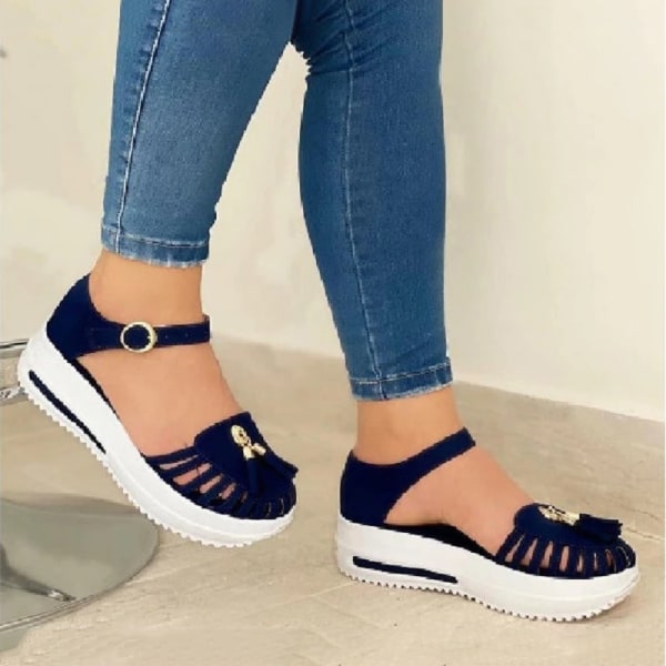 Sommar Platform Sandaler Dam Skor Rund Toe Strand Platta Sandaler Hollow Out Spänne Strap Damer black 43