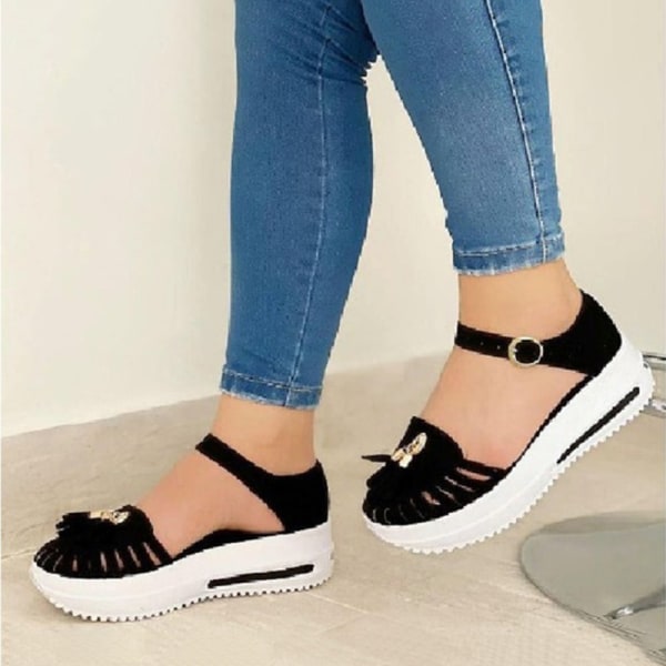 Sommar Platform Sandaler Dam Skor Rund Toe Strand Platta Sandaler Hollow Out Spänne Strap Damer black 35