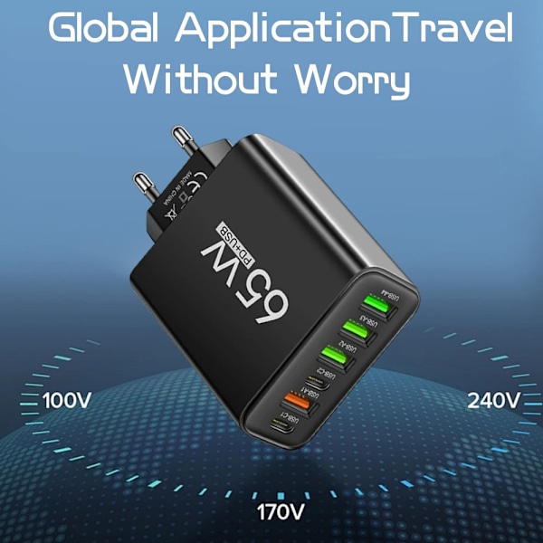 USB C Laddare Totalt 65W Multi 6 Portar Snabbladdning QC3.0 Typ C Mobiltelefon Väggadapter för iPhone 15 Pro Max Xiaomi Samsung White EU