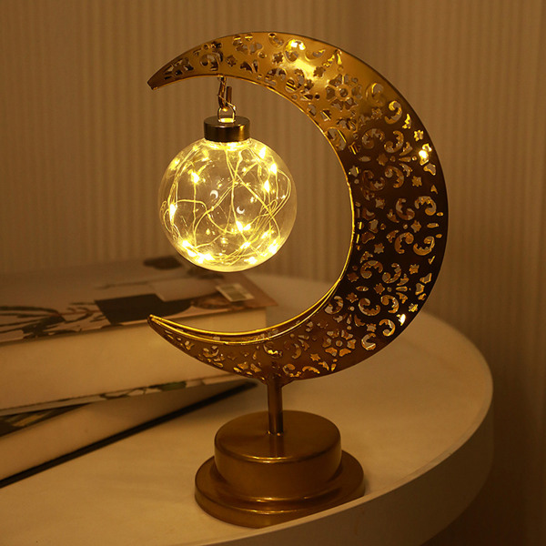 Guld Ramadan Moon LED-lampa Metall Ramadan Kareem ljusbordsprydnad för Eid Adha familjepresent 1