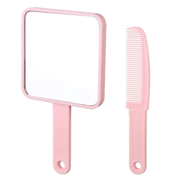 Handhållen sminkspegel Fyrkantig sminkspegel med kam minihandspeglar för kvinnor, flickor under 10cm pink