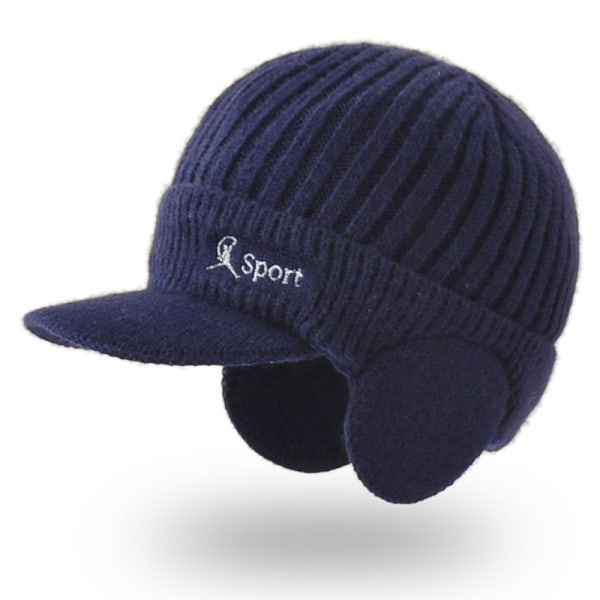 Hösttjock herrstickad cap Klassisk ull, varm mössa med öronskydd för vuxna med öronvärmare navy blue