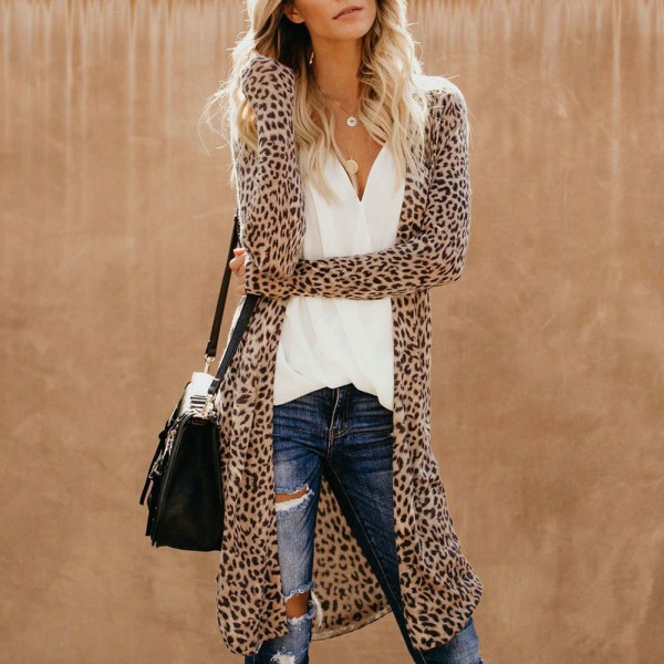 Dam Leopard Kimono Cardigan Coat Öppen Front Långärmad Vår Höst Toppar camouflage c