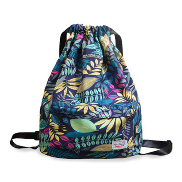 Multifunktions hopfällbar shoppingväska, blommig printed ryggsäck för kvinnor med dragsko för camping blue hemp leaf