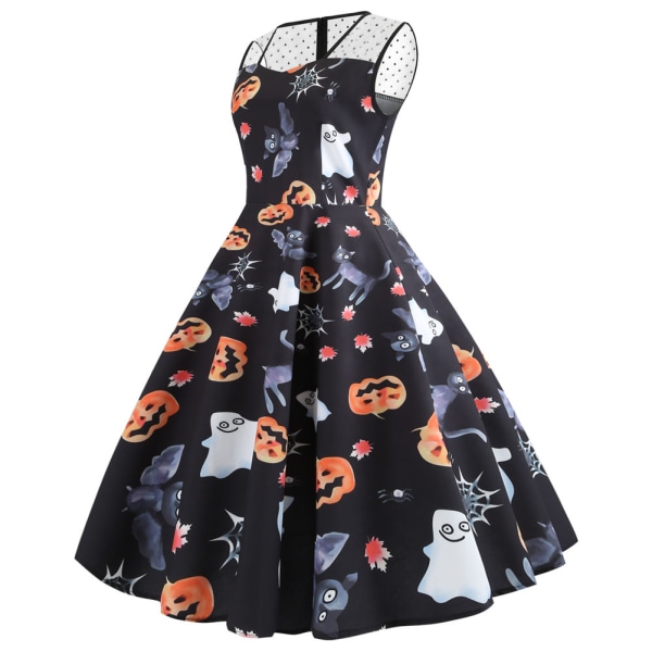 Kvinnor Halloween Print Stitching Klänning Ärmlös Stor Swing Dress Party Nytt m