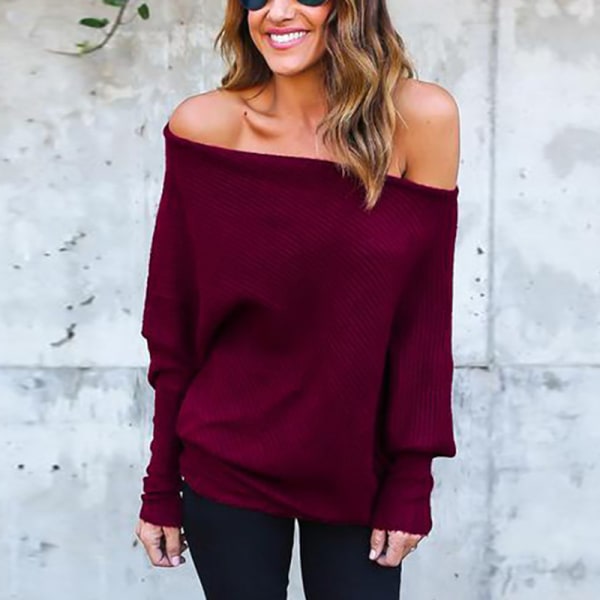 Dam Off Shoulder Stickad Baggy Sweater Dam Lös Pullover Jumper Top Blus Nyhet a l