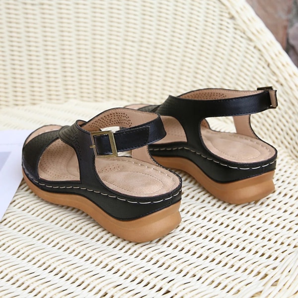 Women's PU Leather Hollow-Out Sandals Non-slip Peep-Toe Casual Sandals for Party Outfit Cloth Matching 37 black