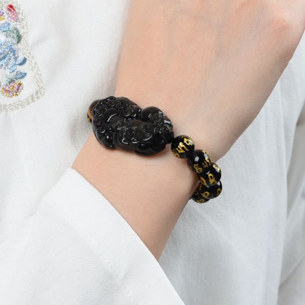Obsidian Pixiu Wealth Mantra Armband för Kvinnor Män Elastisk Stretch Armband Smycken Present 10mm
