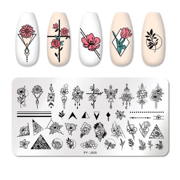 TILLBAKA DIG Blomma Nagelstämpelplåtar Lövstämpelmallar Geometriskt tryck DIY Design Stencilverktyg Nail Art Bildtavla py j025