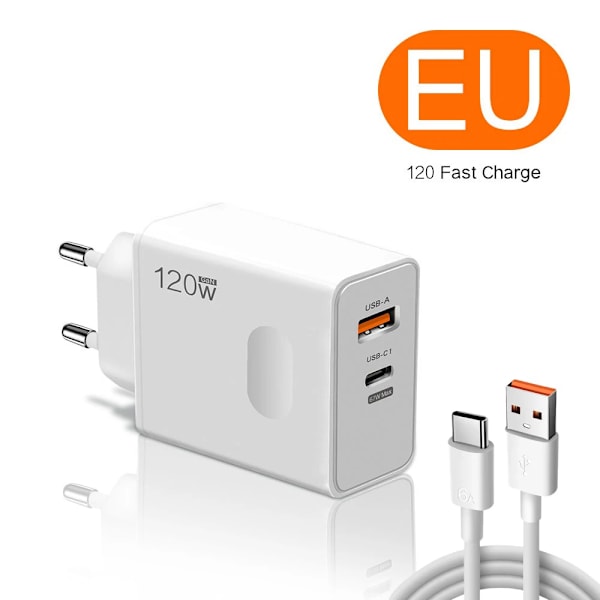 Total 120W USB-laddare Typ C-kabel Snabbladdning För iPhone Xiaomi Samsung Oneplus Pixel Mobiltelefoner Quick Charge 3.0 Adapter EU Plug 6A Cable