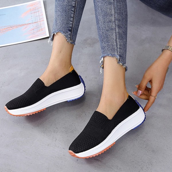 Slip-On Walking Shoes Damer Andningsbara plattformsskor Wedge Loafers Anti-Slip Casual black 36