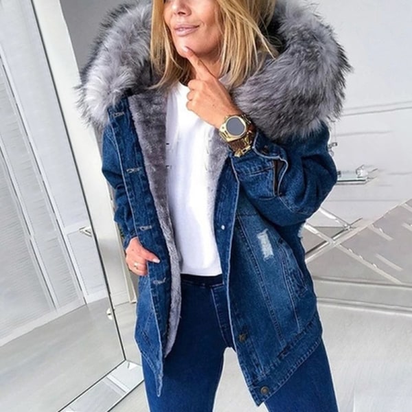 Snygg parka retro plyschkrage jeansjackor mode fleecefodrad varm mellanlängd light blue 4xl