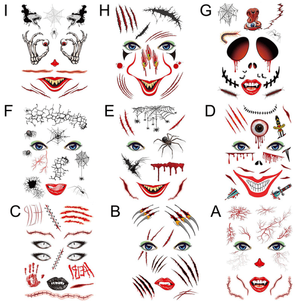 2st vattentät Halloween Fake Face Tattoo Sticker Festival Art Makeup Ansiktsbehandling e