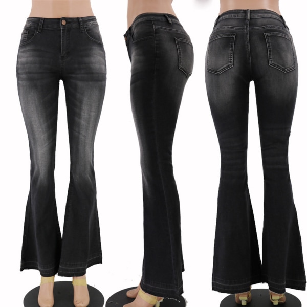 Mode utsvängda jeansbyxor för kvinnor Låguppgångna Tvättbara tighta jeansbyxor black m