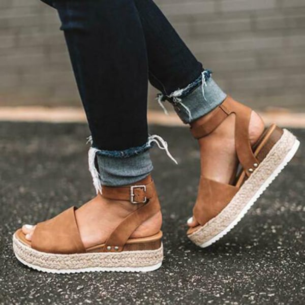 Sommar Ankel Strap Sandaler Öppen tå Plattform Casual Wedges Sandaler Sommarskor för kvinnor Beach brown 38