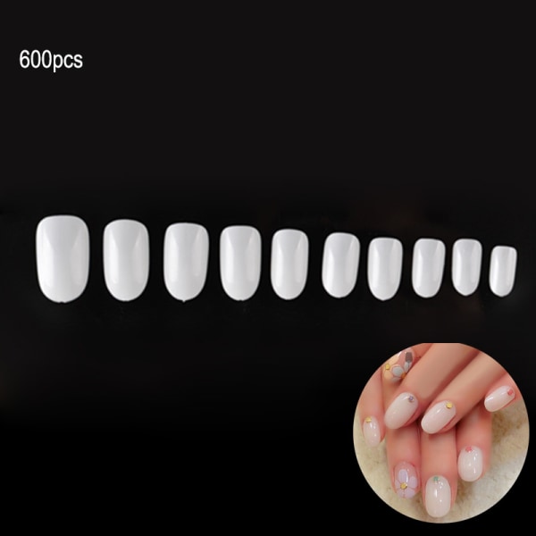 600 st Runda Korta Nageltips Salong Franska Akryl Fake Nails Design DIY Nail Art Tools white