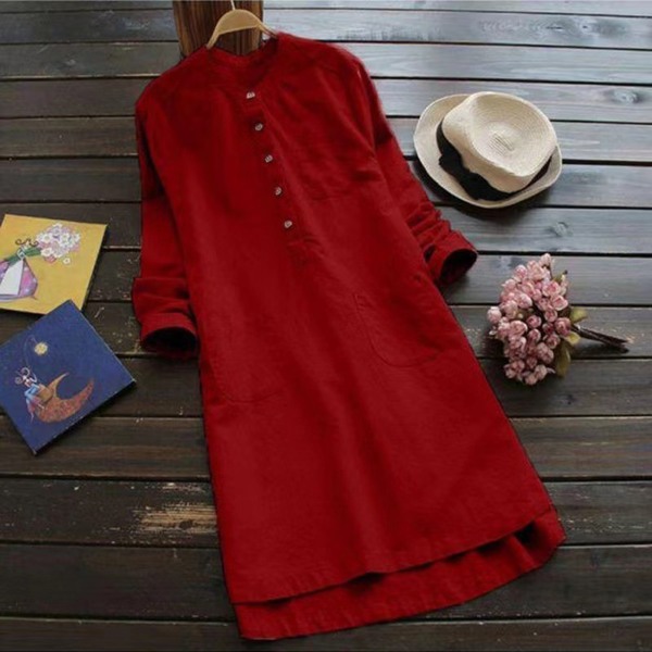 Lös lång skjorta för kvinnor Lång skjorta i bomull linne Lös med ficka för hemmakontorskläder 5xl red