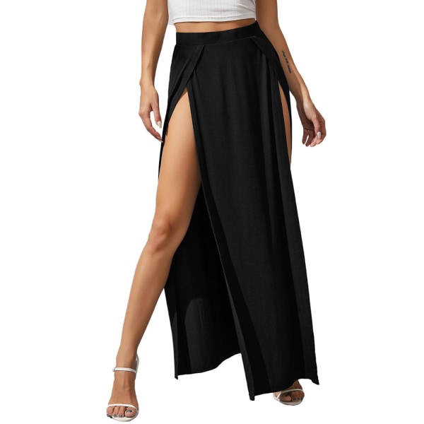 Lång kjol för kvinnor Sommar Split Thigh Skirt Oregelbunden golvlängd Maxikjol black m