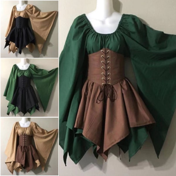 Kvinnor medeltida renässanser Korsettklänningar Långärmad prinsessa Cosplay-klänning för temafest khaki black l