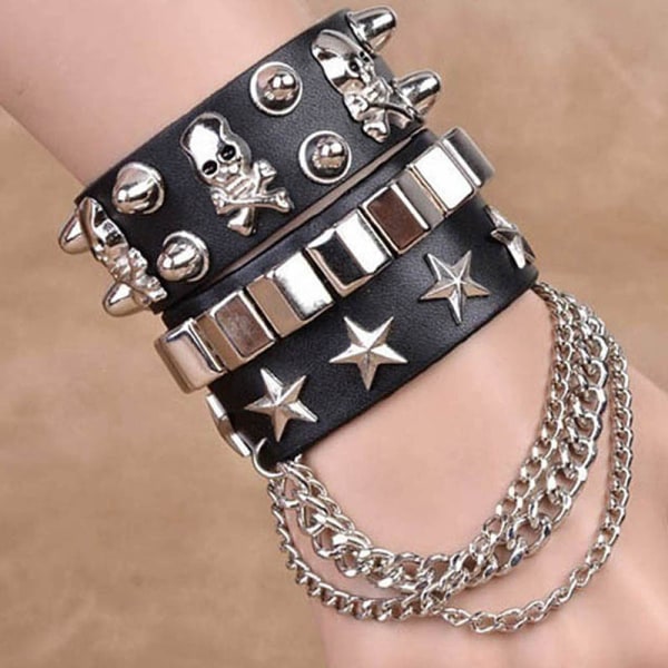 Hot Rea Mode Punk Style Gotisk Kvinnor Män Armband Rock Steam PU Läder Skull Spike Cuff Korea Style Punk Armband Tillbehör black