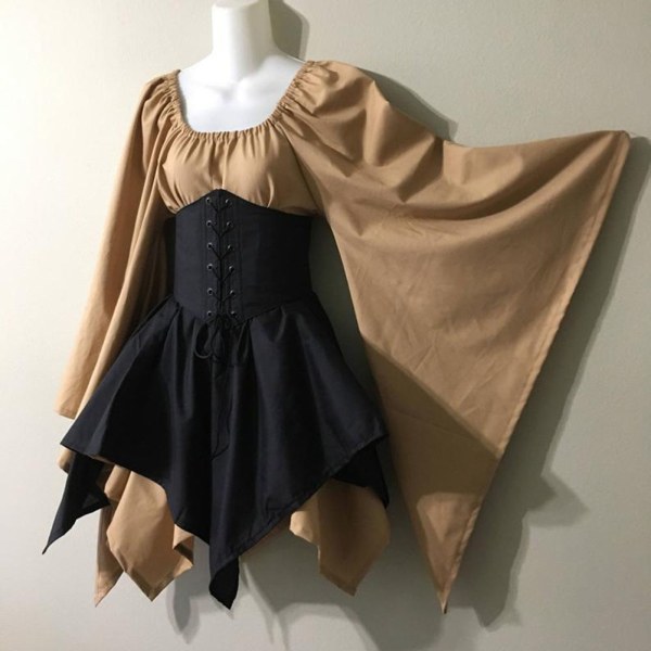 Kvinnor medeltida renässanser Korsettklänningar Långärmad prinsessa Cosplay-klänning för temafest khaki black s