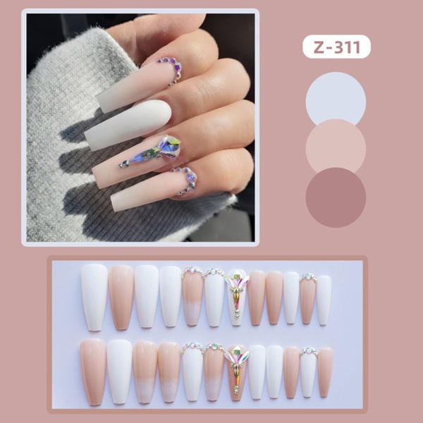 24st glansig falsk nagel lång vit falsk nagel med diamant för kvinnor och flickor glue models