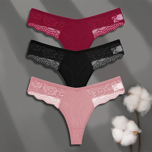 FINETOO 3-pack Dam Trosor i Bomull Spets Tanga Sexiga Enfärgade Låg Midja Bikini Underkläder Damer Andningsbara G-string Underkläder SET 6 XL