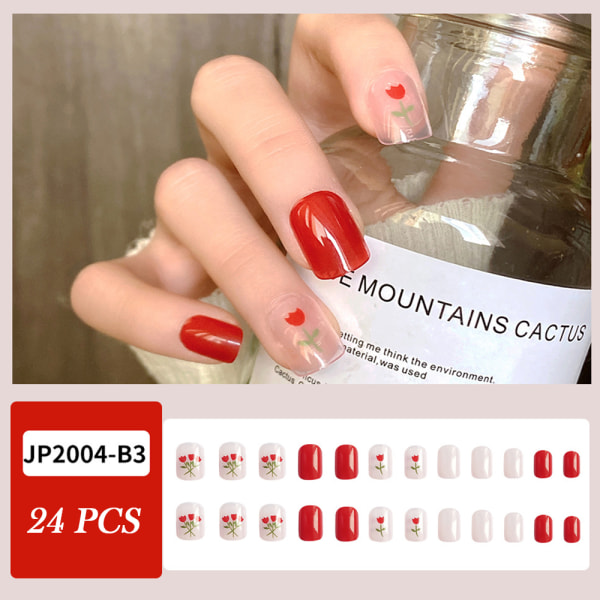 24st glänsande mild röd printed lösnagel Kort söt falsk nagel för kvinnor tjej glue models