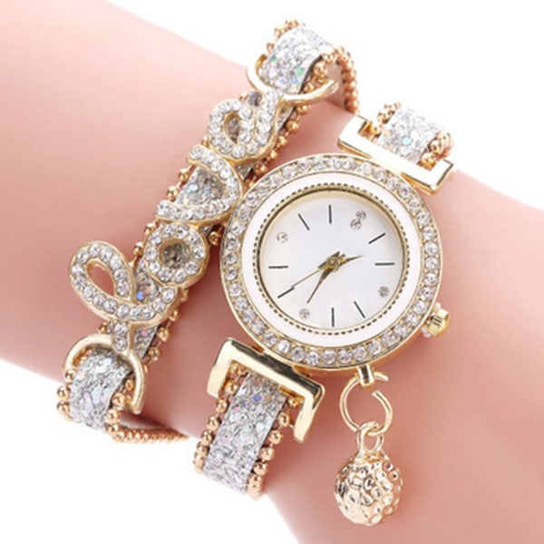 Kvinnor Armband Klockor Damer Love Läderrem Rhinestone Quartz Watch gold