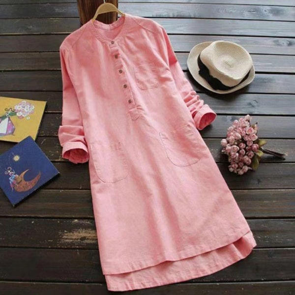 Lös lång skjorta för kvinnor Lång skjorta i bomull linne Lös med ficka för hemmakontorskläder 5xl pink