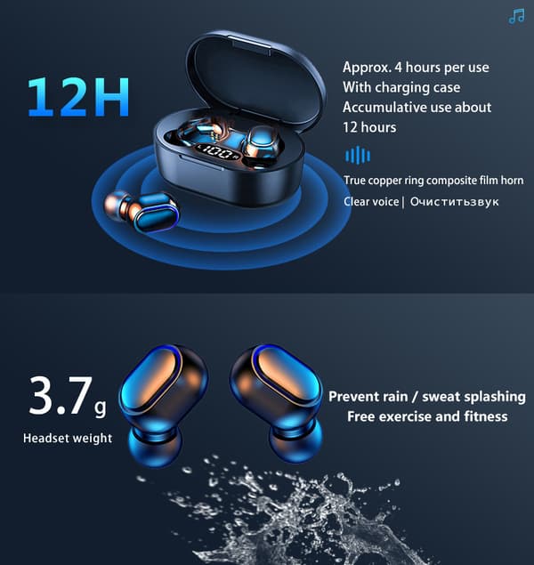 E7S Bluetooth hörlurar Mini TWS True Wireless 5.0 Bluetooth black E6 PRO