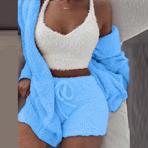 Vinter varm pyjamas exponerad navel långärmad väst shorts set blue S