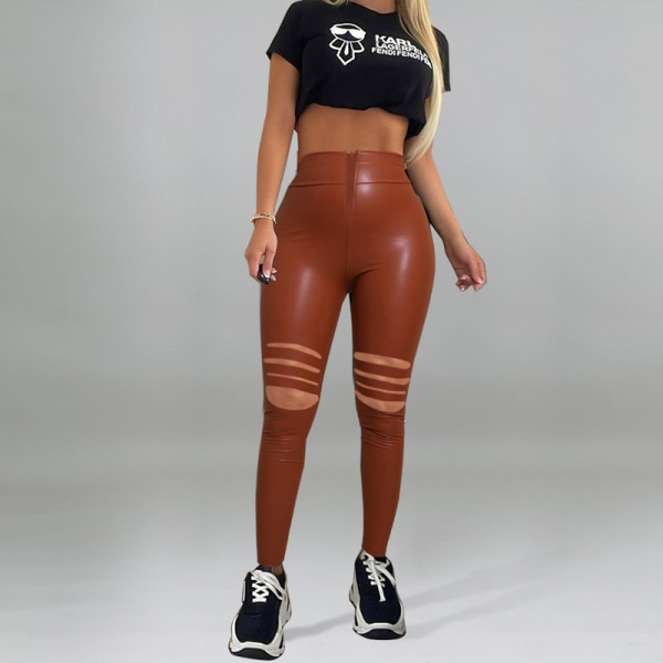 Höstens sexiga perforerade läderbyxor Tights och Leggings brown M