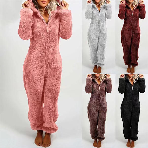 Dam Vinter Fluffy Fleece Hooded Allt i en Jumpsuit Dark grey 4XL