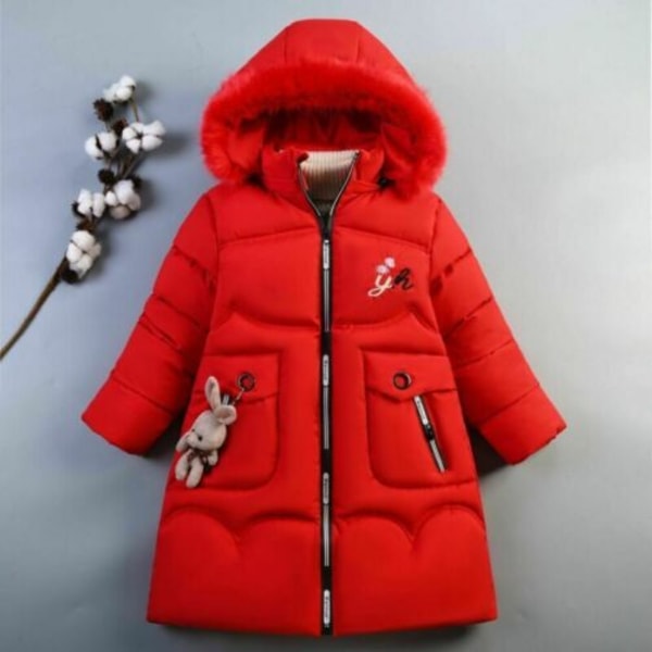 Flickor Vinter Varm Hooded Coat Vadderad Tjock Parka Cotton Jacka Red 140cm
