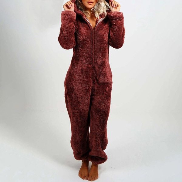 Dam Vinter Fluffy Fleece Hooded Allt i en Jumpsuit Wine 4XL