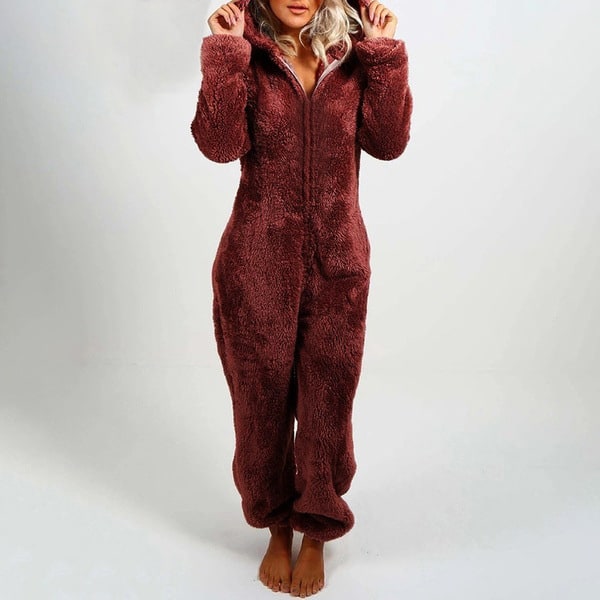 Dam Vinter Fluffy Fleece Hooded Allt i en Jumpsuit Wine L